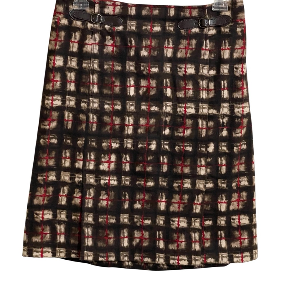 ETCETERA RED, BLACK & BROWN PLAID PRINT PENCIL SKIRT SZ 2 EUC